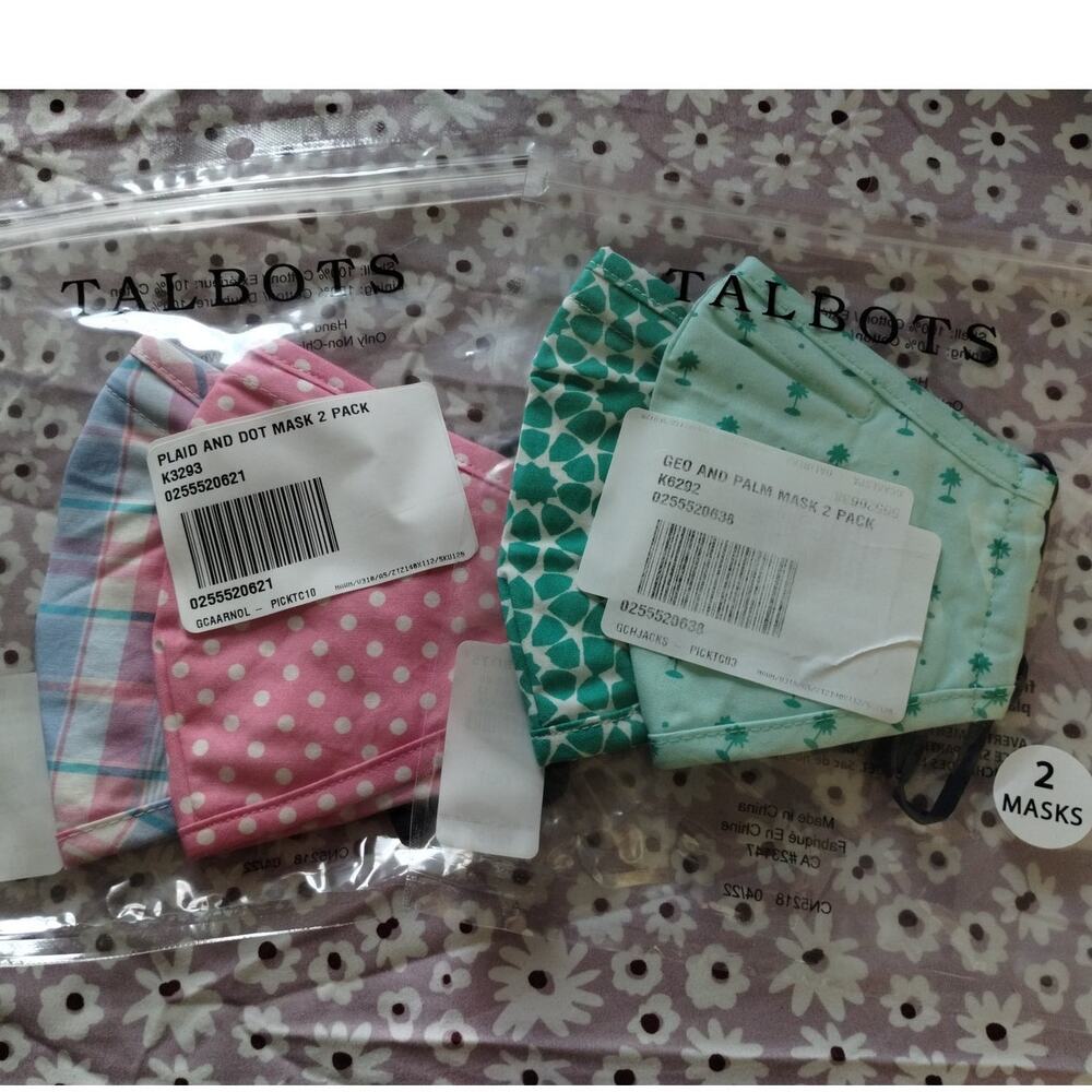 Talbots NEW Lot of 2 Sets (Total of 4) Re-Usable Printed Cloth Face Masks